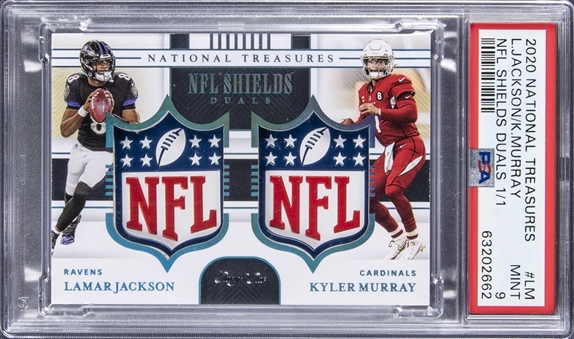 2020 National Treasures NFL Shields Duals #LM Lamar Jackson/Kyler Murray Dual Shield Patch Card (#1/1) - PSA MINT 9